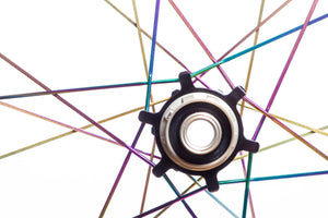 <h1>Oil-Slick Spokes</h1><i>We can also give the spokes a Ti-Nitride coating which not only gives them an eye-catching oil slick rainbow look but also improves wear and corrosion resistance due to the super-hard micro hardness of this coating. The coating is multi-compounded by ceramics and transition metal, so the bonding force between coating and base is immensely improved. This results in a really long lasting finish.</i>